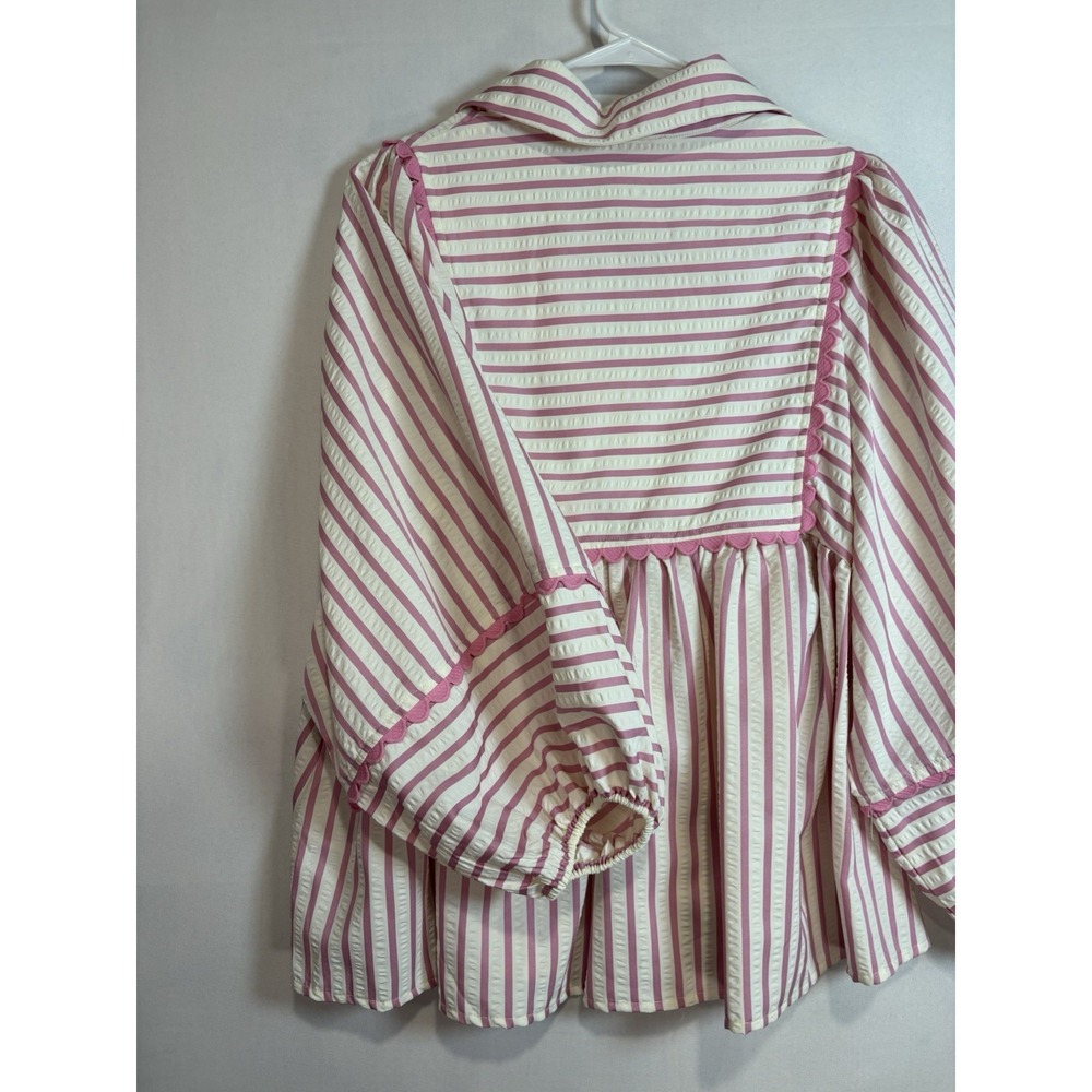 Entro Striped Seersucker Balloon Sleeve Blouse Pink White Scalloped Trim M - Picture 3 of 10